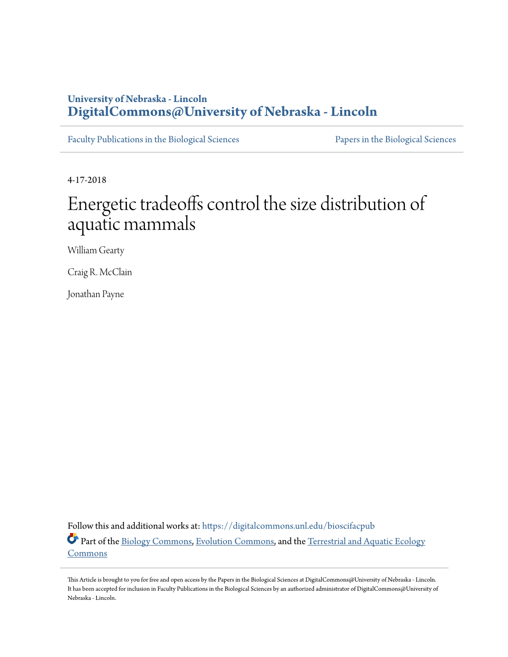 Energetic Tradeoffs Control the Size Distribution of Aquatic Mammals William Gearty