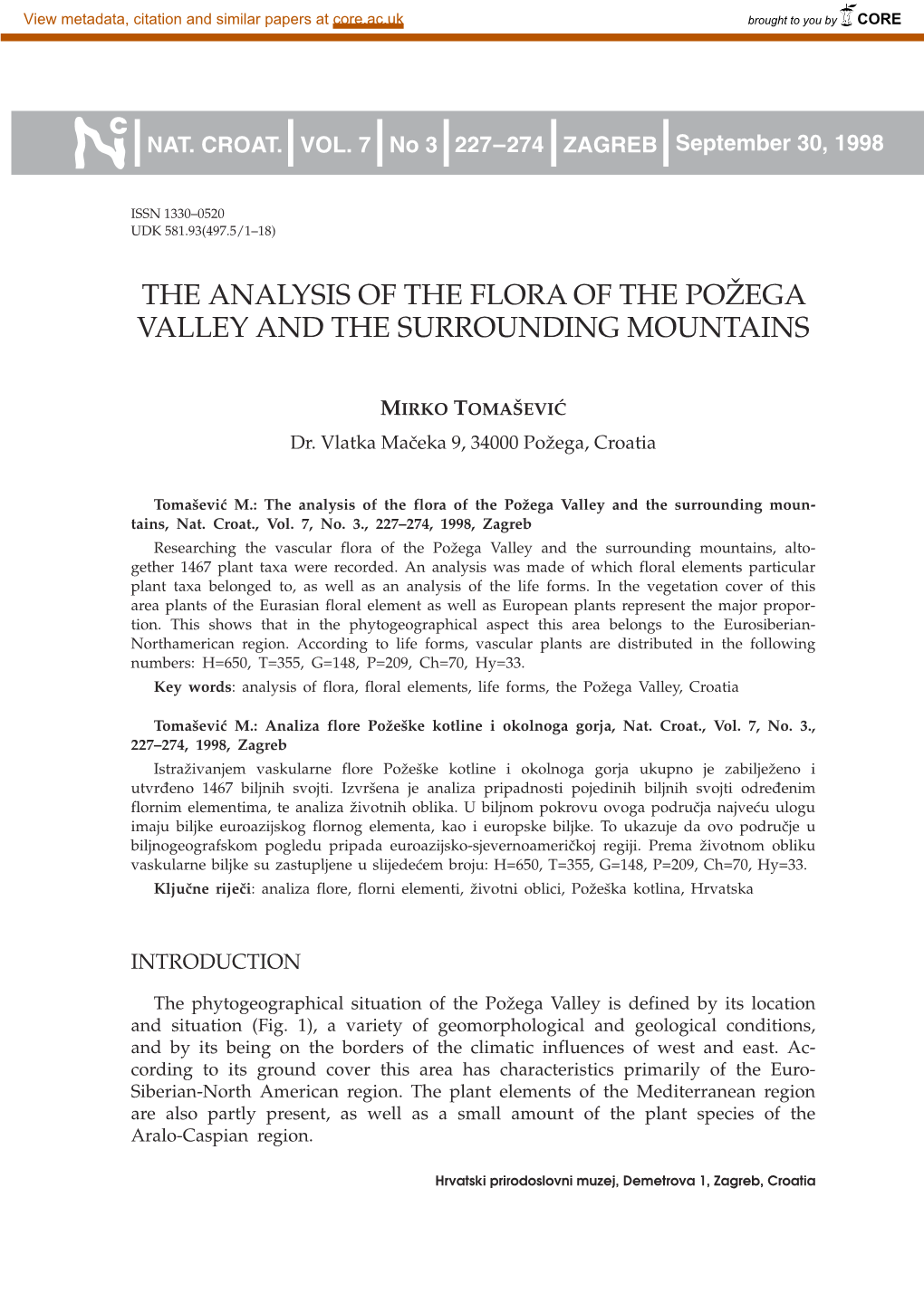 The Analysis of the Flora of the Po@Ega Valley and the Surrounding Mountains