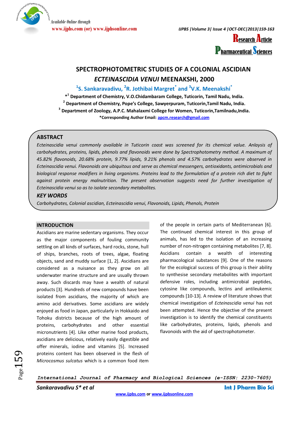 Spectrophotometric Studies of a Colonial Ascidian Ecteinascidia Venui Meenakshi, 2000 1S