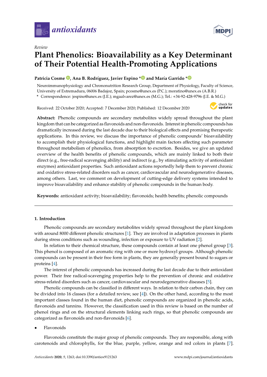 Plant Phenolics: Bioavailability As a Key Determinant of Their Potential Health-Promoting Applications