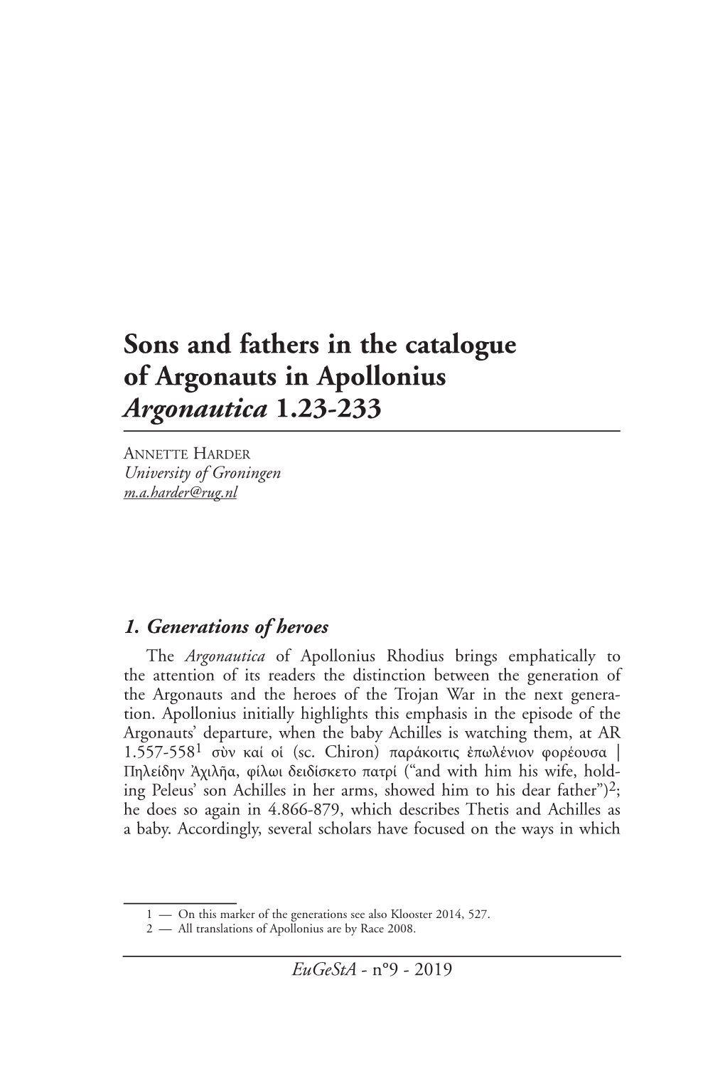 Sons and Fathers in the Catalogue of Argonauts in Apollonius Argonautica 1.23-233