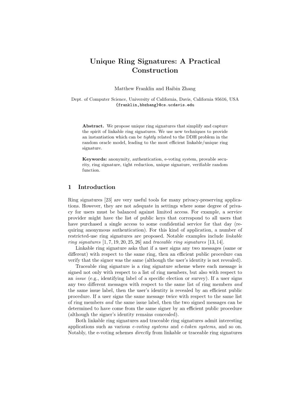 Unique Ring Signatures: a Practical Construction