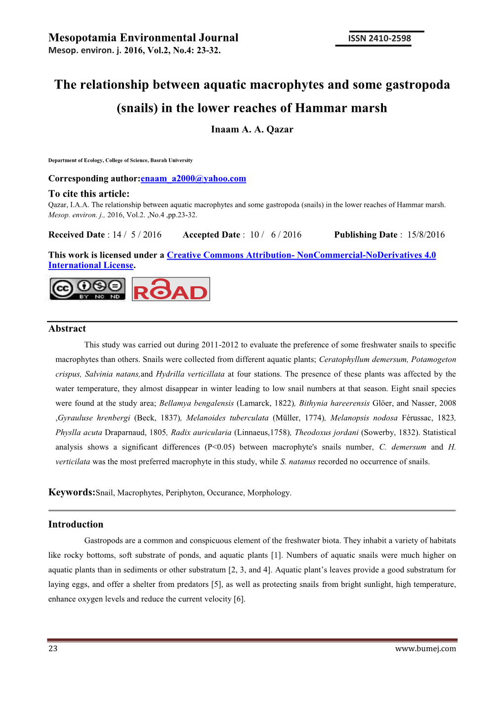 The Relationship Between Aquatic Macrophytes and Some Gastropoda (Snails) in the Lower Reaches of Hammar Marsh Inaam A