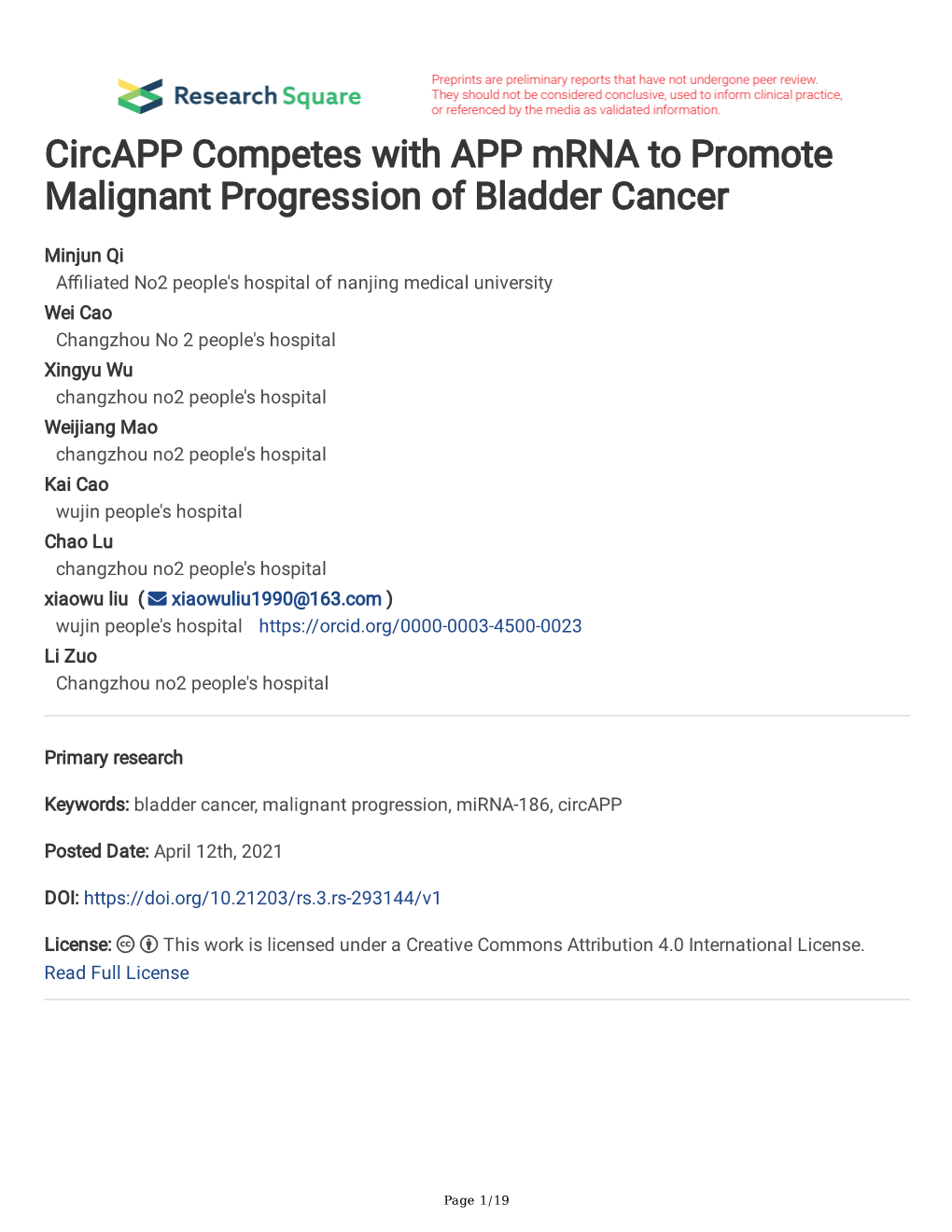 Circapp Competes with APP Mrna to Promote Malignant Progression of Bladder Cancer