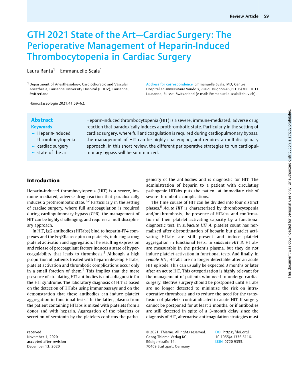 GTH 2021 State of the Art—Cardiac Surgery: the Perioperative Management of Heparin-Induced Thrombocytopenia in Cardiac Surgery