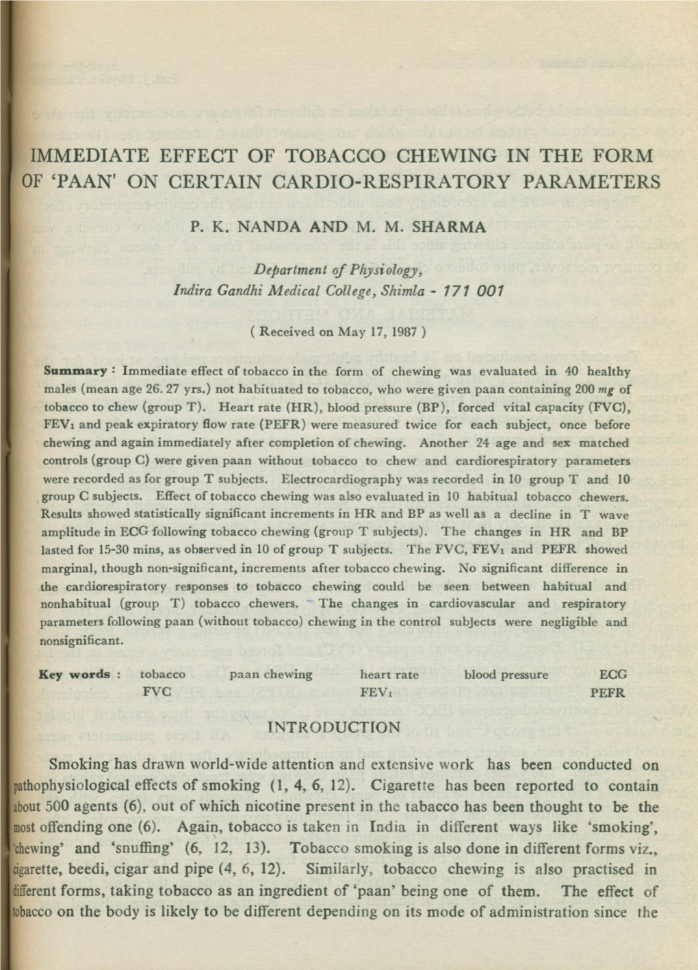 Immediate Effect of Tobacco Chewing in the Form of 'Paan'