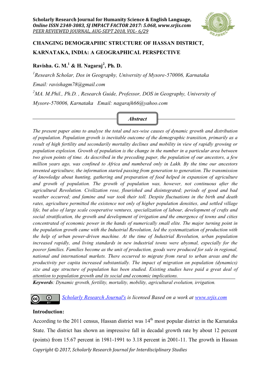 Changing Demographic Structure of Hassan District, Karnataka, India: a Geographical Perspective