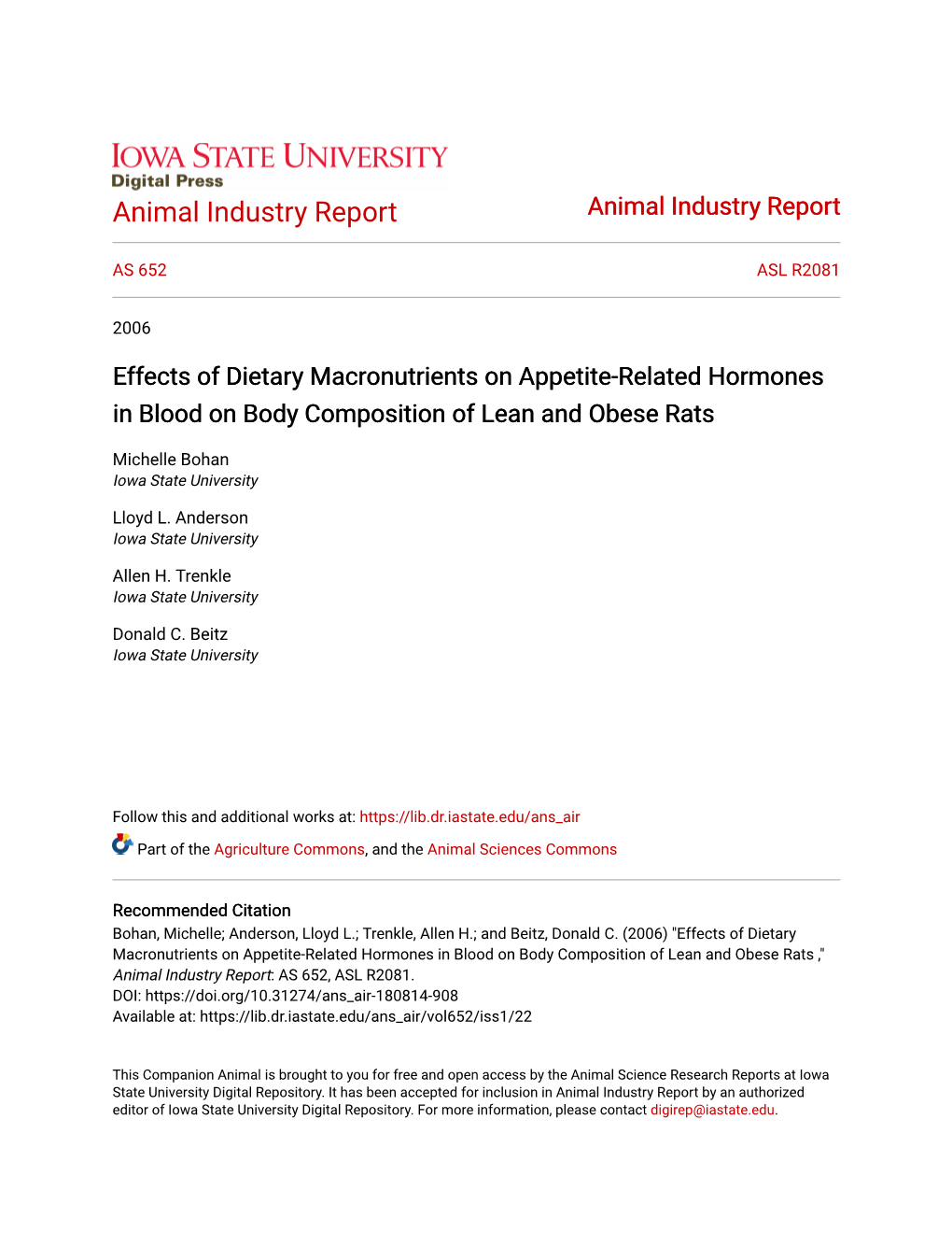 Effects of Dietary Macronutrients on Appetite-Related Hormones in Blood on Body Composition of Lean and Obese Rats