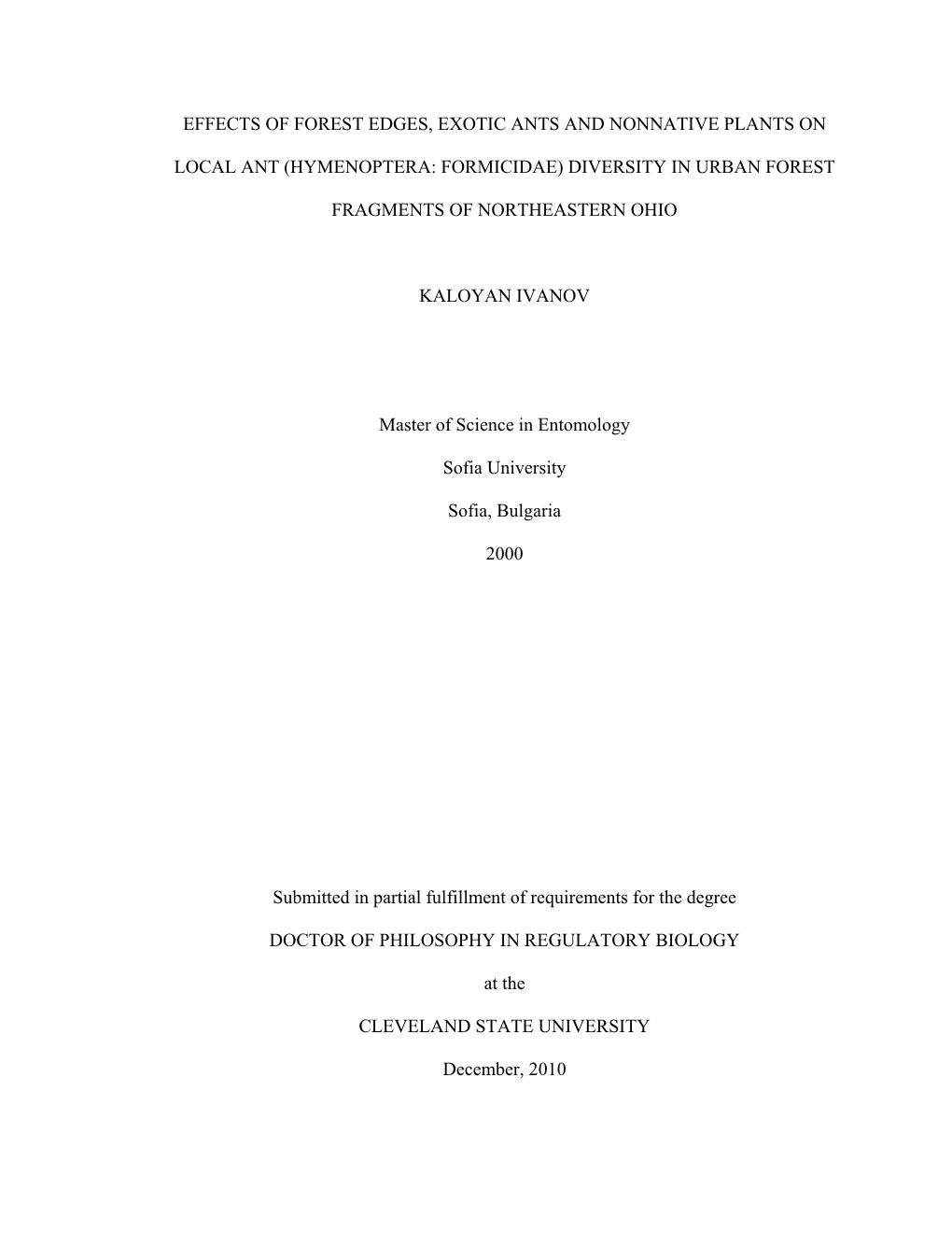 Hymenoptera: Formicidae) Diversity in Urban Forest