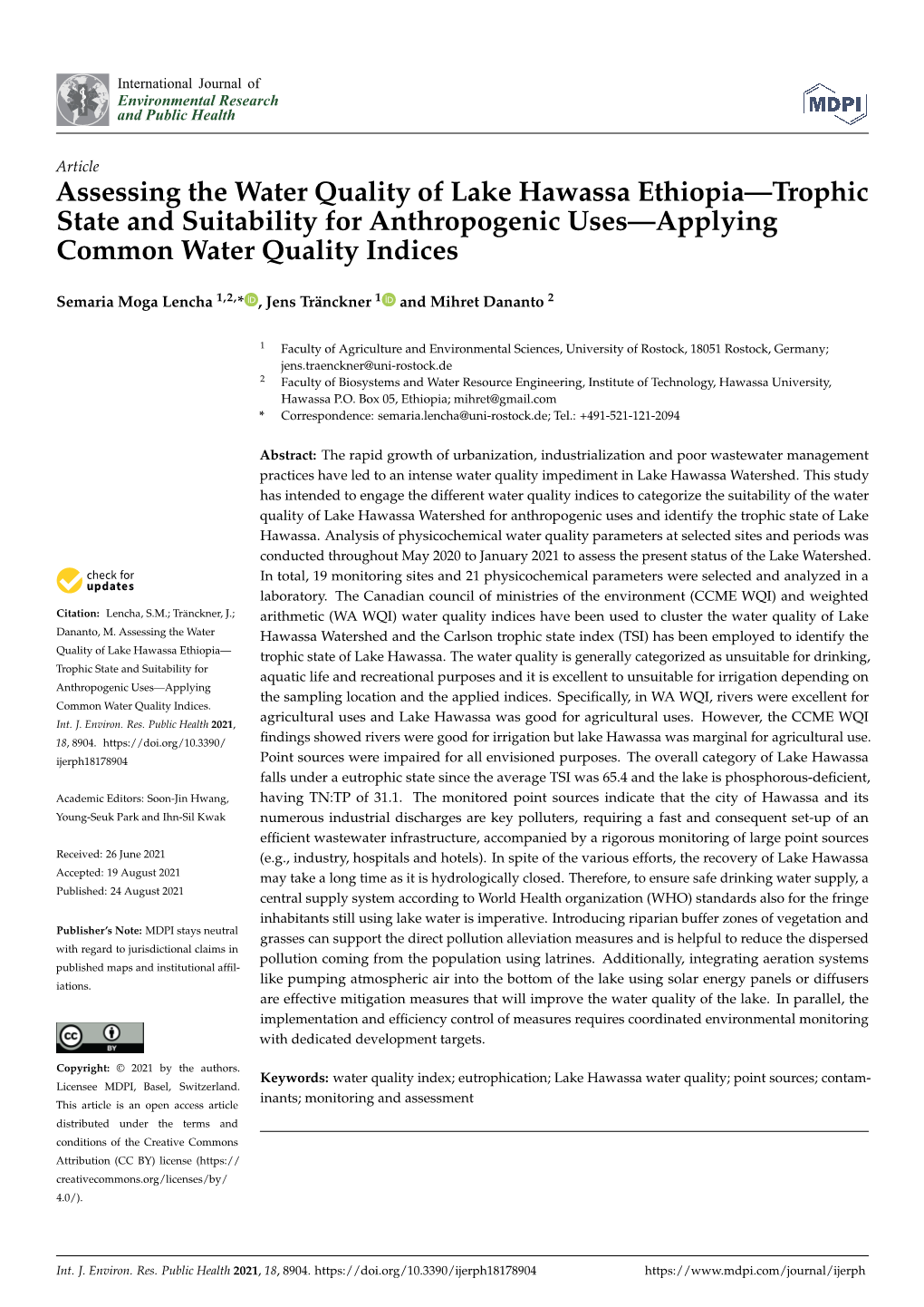 Assessing the Water Quality of Lake Hawassa Ethiopia—Trophic State and Suitability for Anthropogenic Uses—Applying Common Water Quality Indices