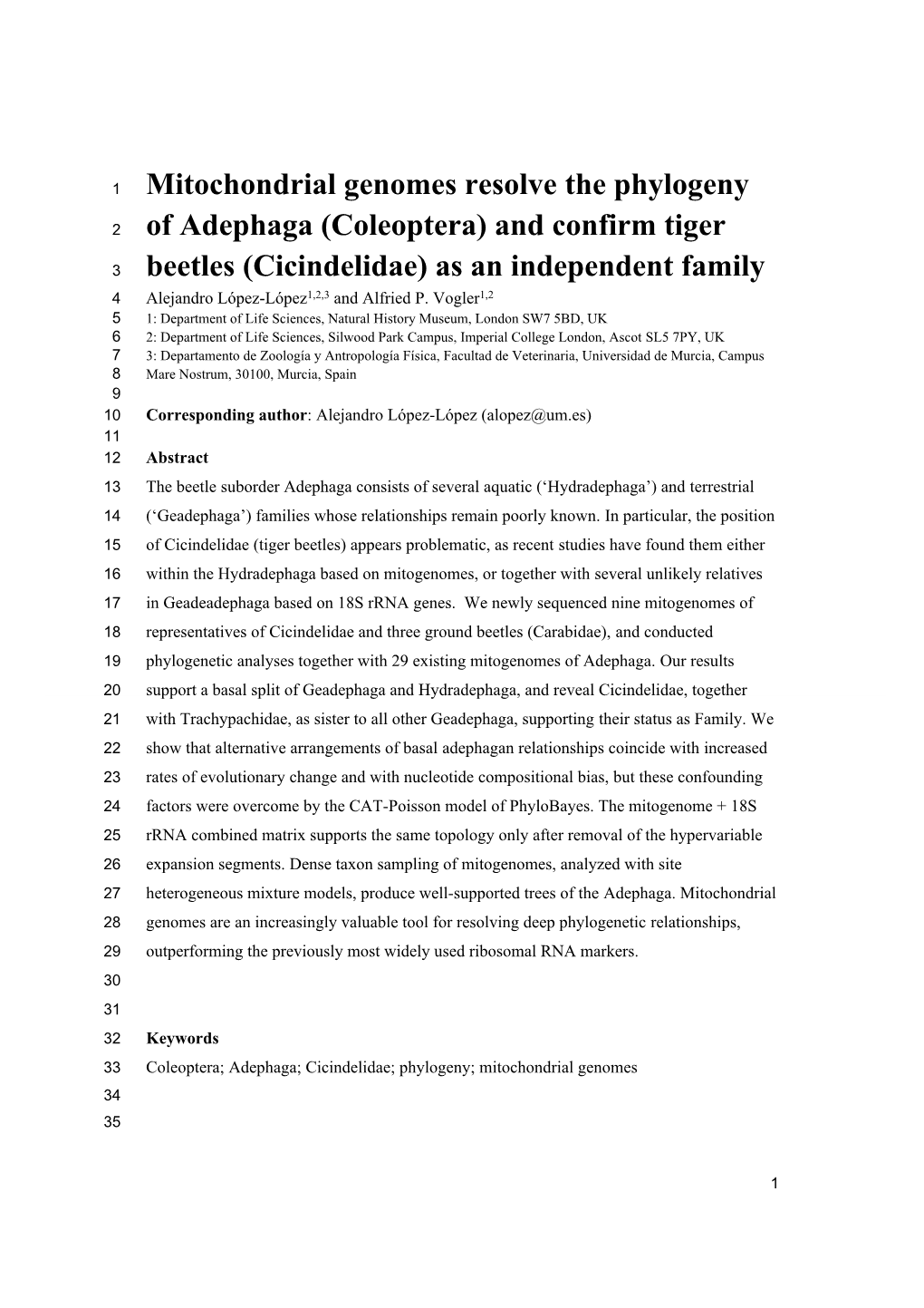 Mitochondrial Genomes Resolve the Phylogeny of Adephaga