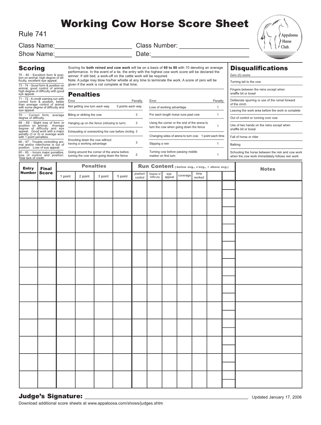 Working Cow Horse Score Sheet Rule 741 Class Name:______Class Number: ______Show Name:______Date:______