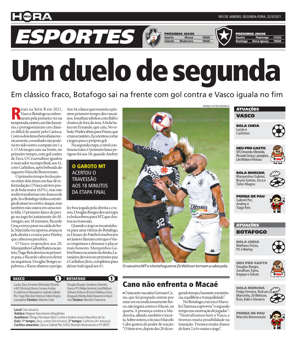 ESPORTES Sábado Madureira 18H00 Domingo Nova Iguaçu 18H00 Um Duelo De Segunda Em Clássico Fraco, Botafogo Sai Na Frente Com Gol Contra E Vasco Iguala No Fim