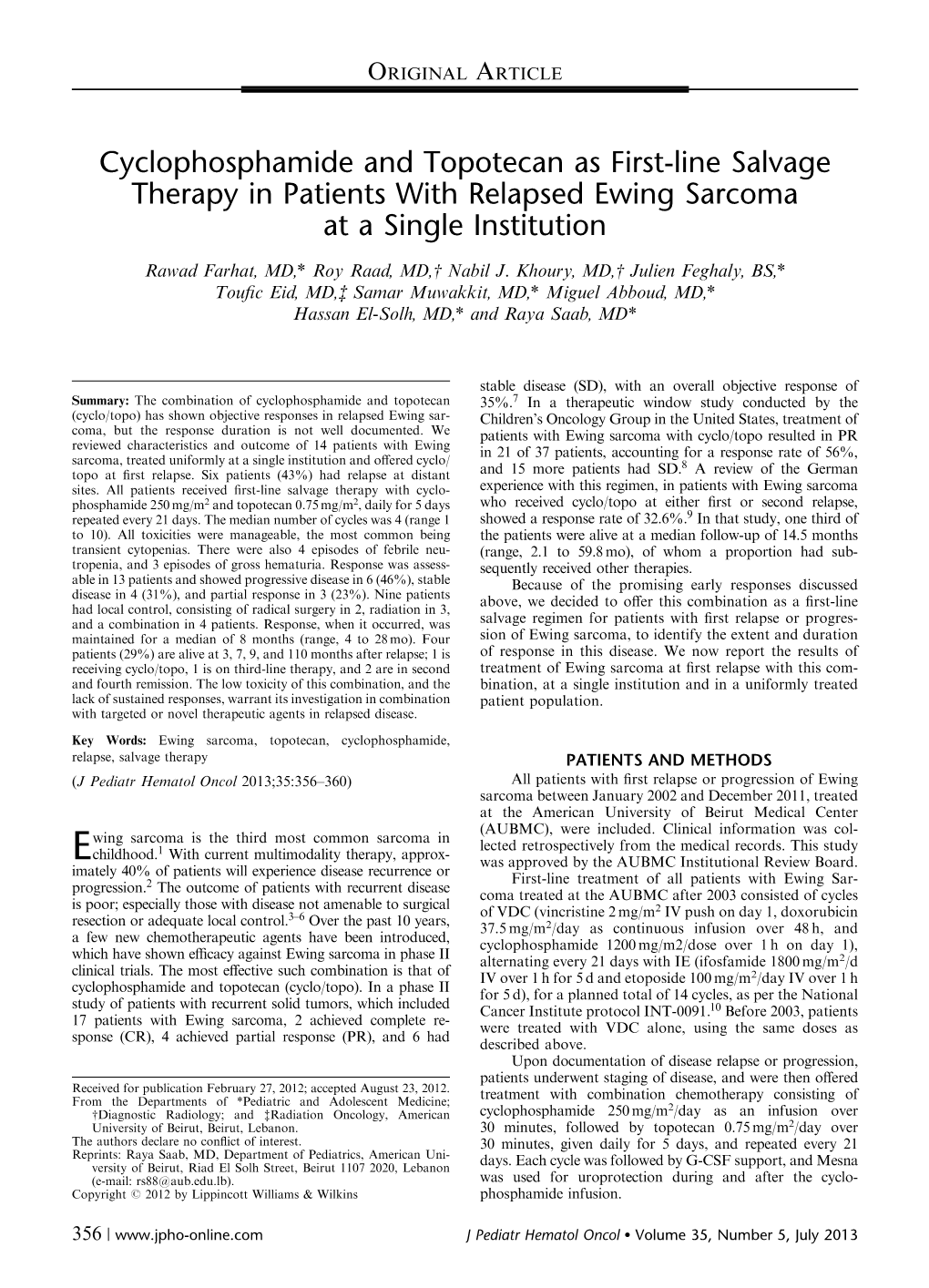 Cyclophosphamide and Topotecan As First-Line Salvage Therapy in Patients with Relapsed Ewing Sarcoma at a Single Institution