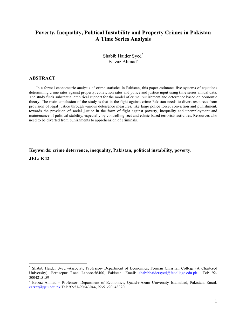 Poverty, Inequality, Political Instability and Property Crimes in Pakistan a Time Series Analysis