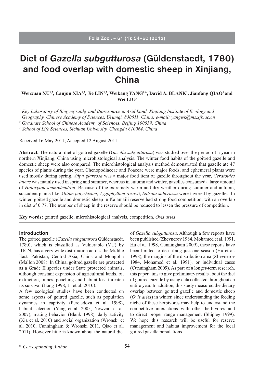 Diet of Gazella Subgutturosa (G黮denstaedt, 1780) and Food