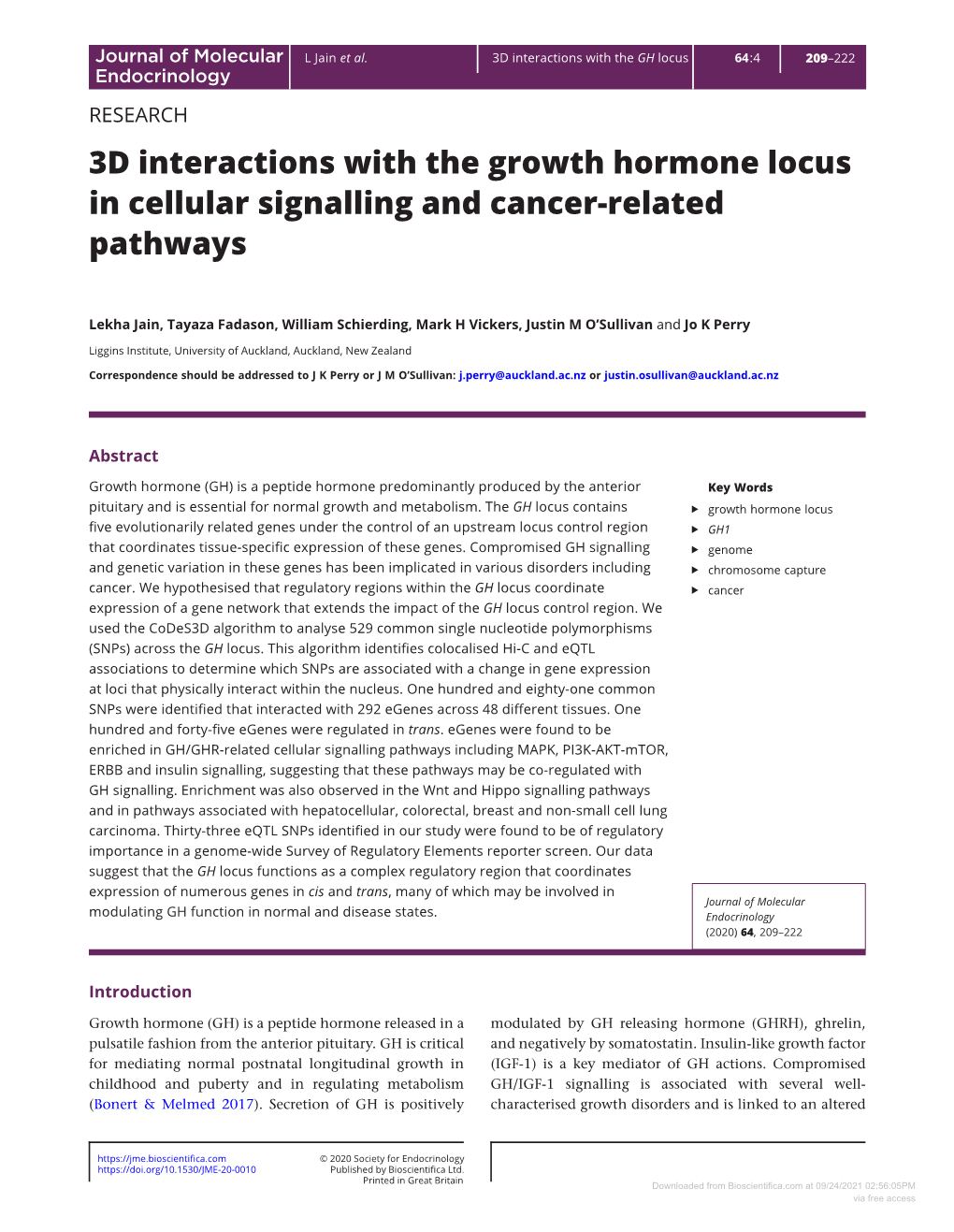 3D Interactions with the Growth Hormone Locus in Cellular Signalling and Cancer-Related Pathways