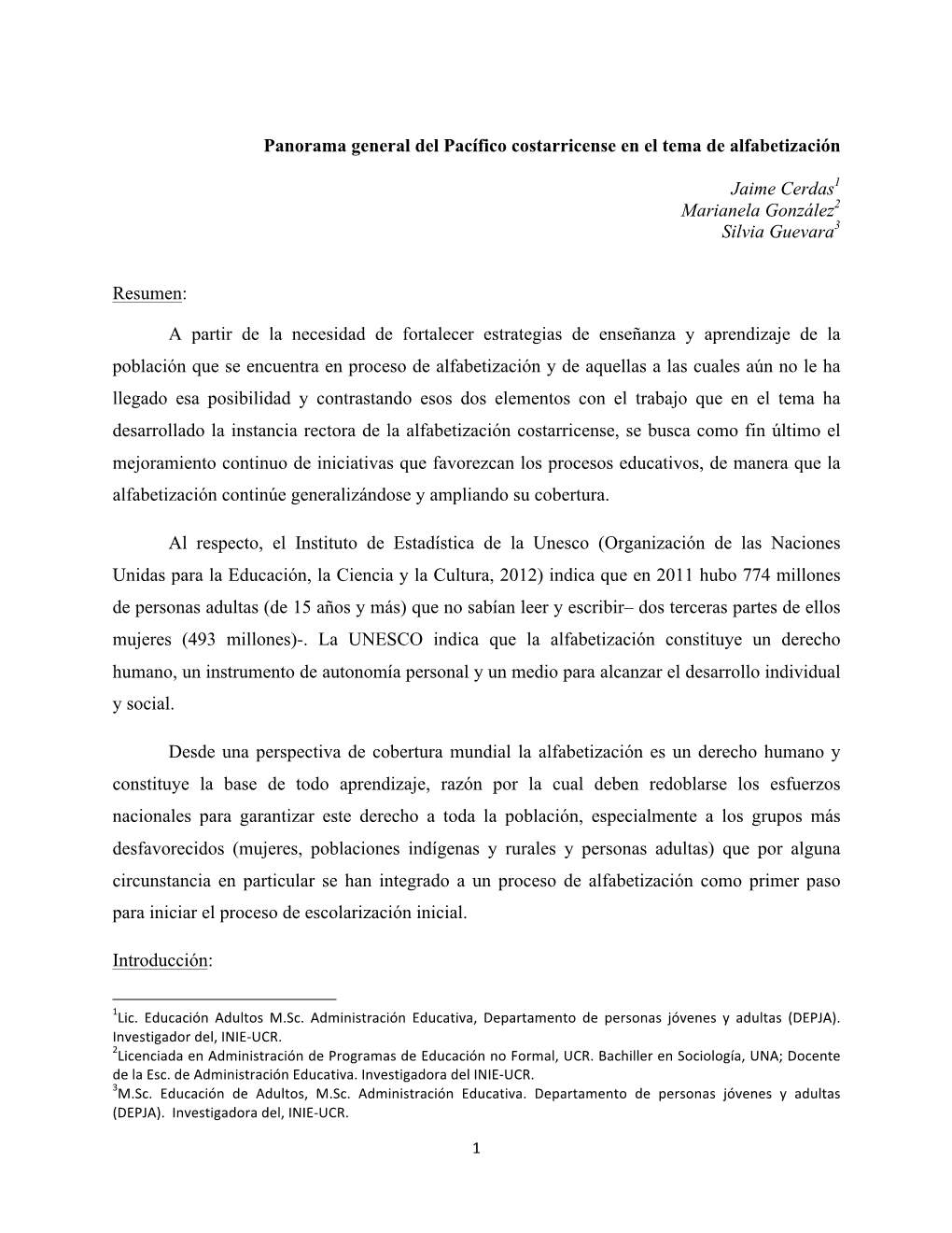 Panorama General Del Pacífico Costarricense En El Tema De Alfabetización