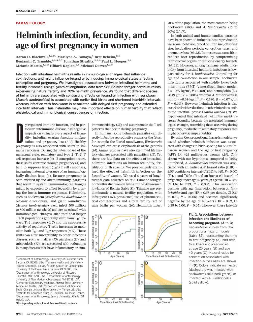 Helminth Infection, Fecundity, and Age of First Pregnancy in Women