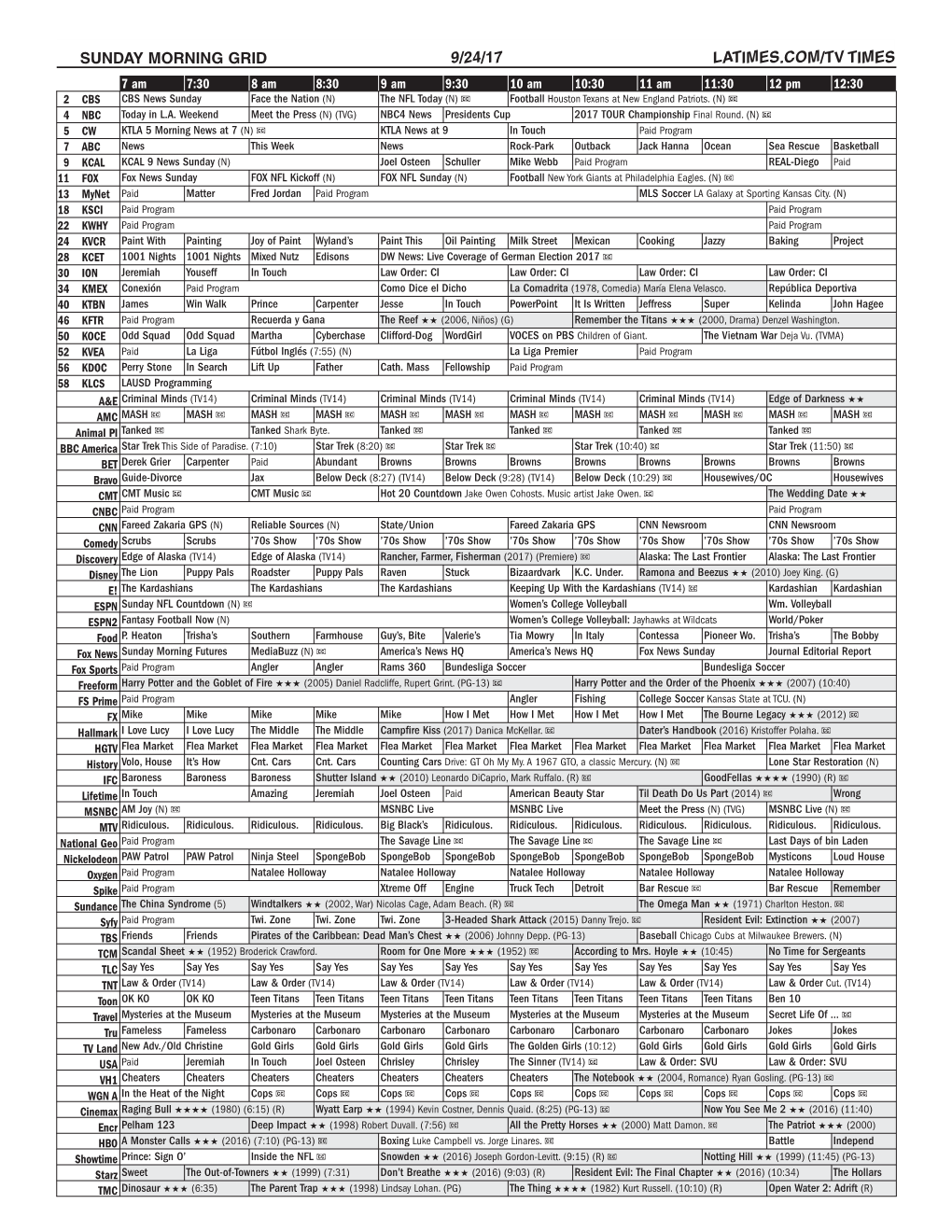 Sunday Morning Grid 9/24/17 Latimes.Com/Tv Times