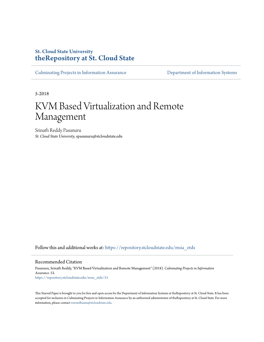 KVM Based Virtualization and Remote Management Srinath Reddy Pasunuru St