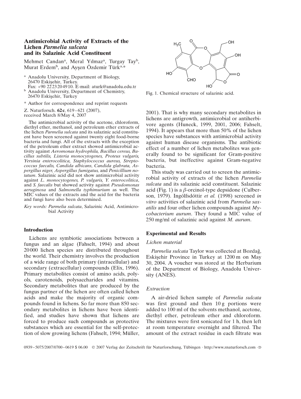 Antimicrobial Activity of Extracts of the Lichen Parmelia Sulcata and Its