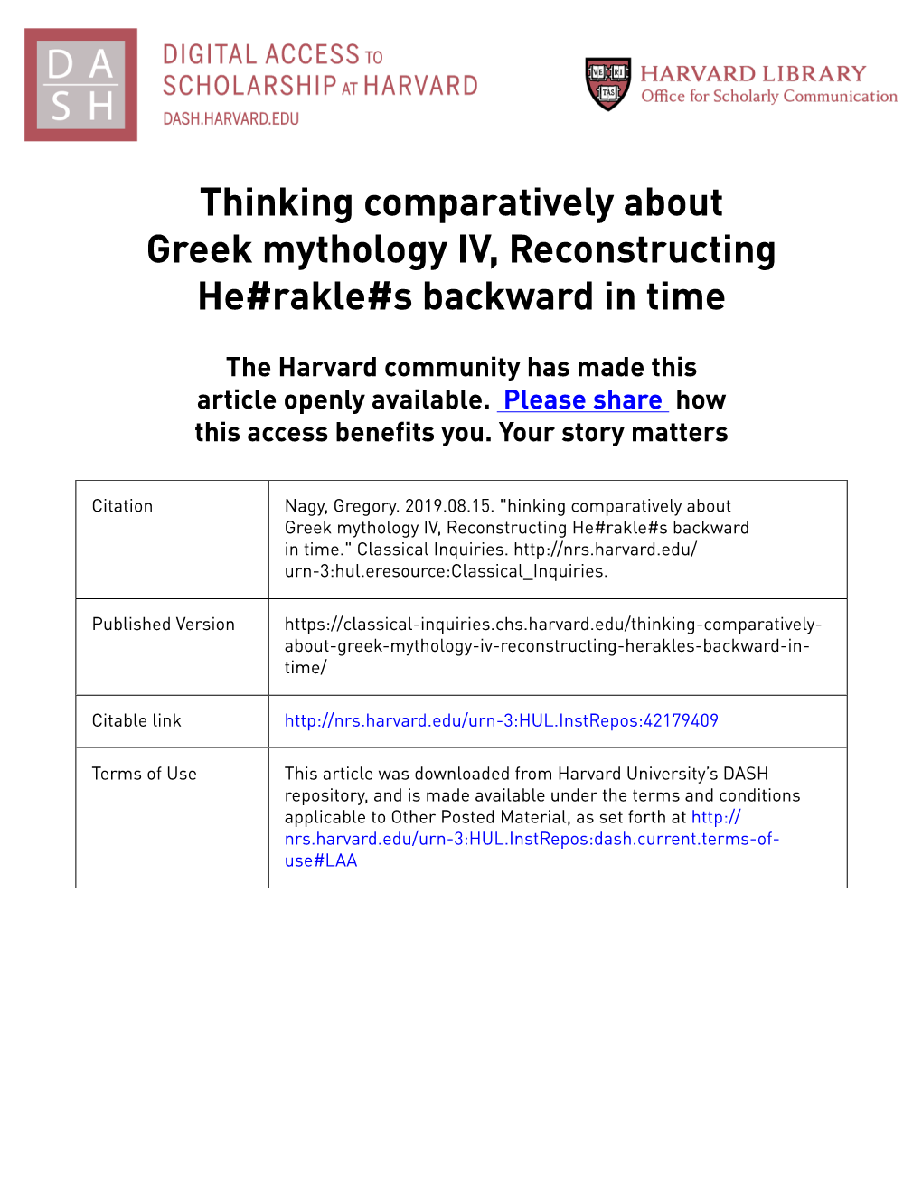 Thinking Comparatively About Greek Mythology IV, Reconstructing He#Rakle#S Backward in Time