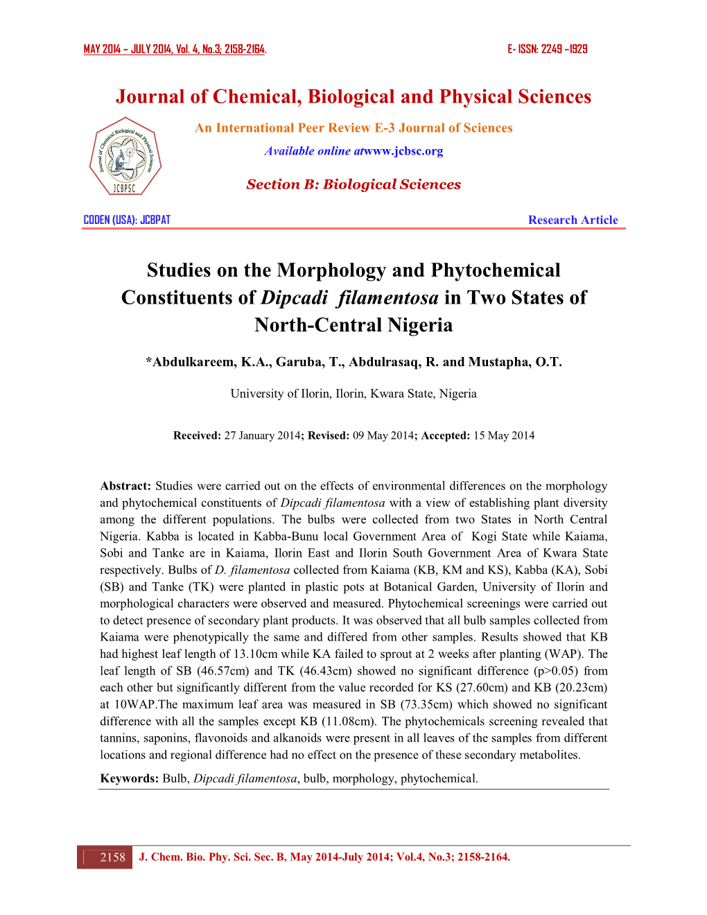 Studies on the Morphology and Phytochemical Constituents of Dipcadi Filamentosa in Two States of North-Central Nigeria
