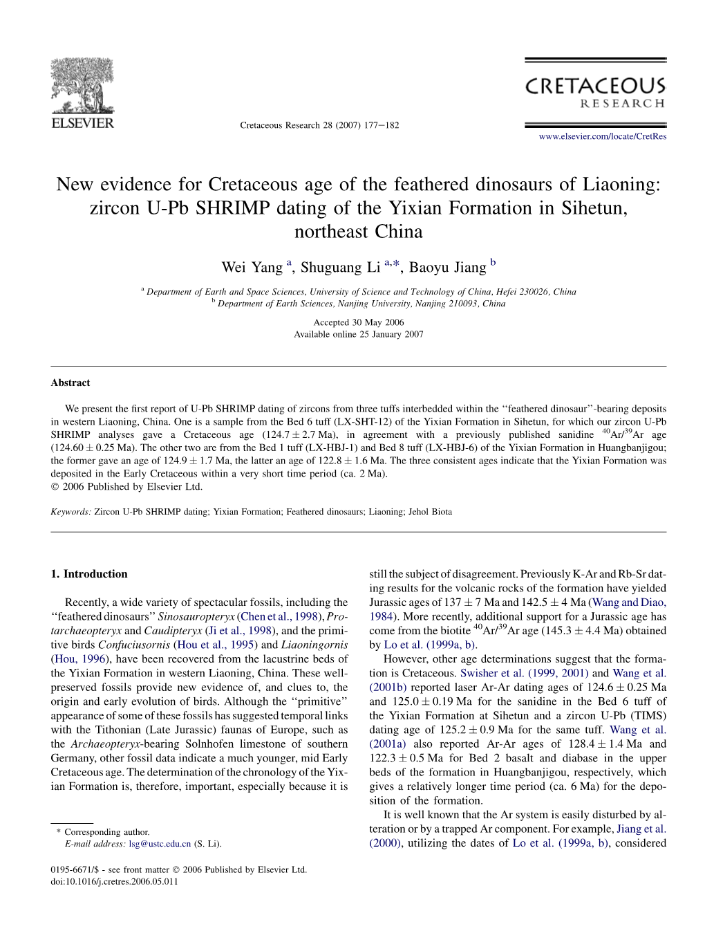 Zircon U-Pb SHRIMP Dating of the Yixian Formation in Sihetun, Northeast China