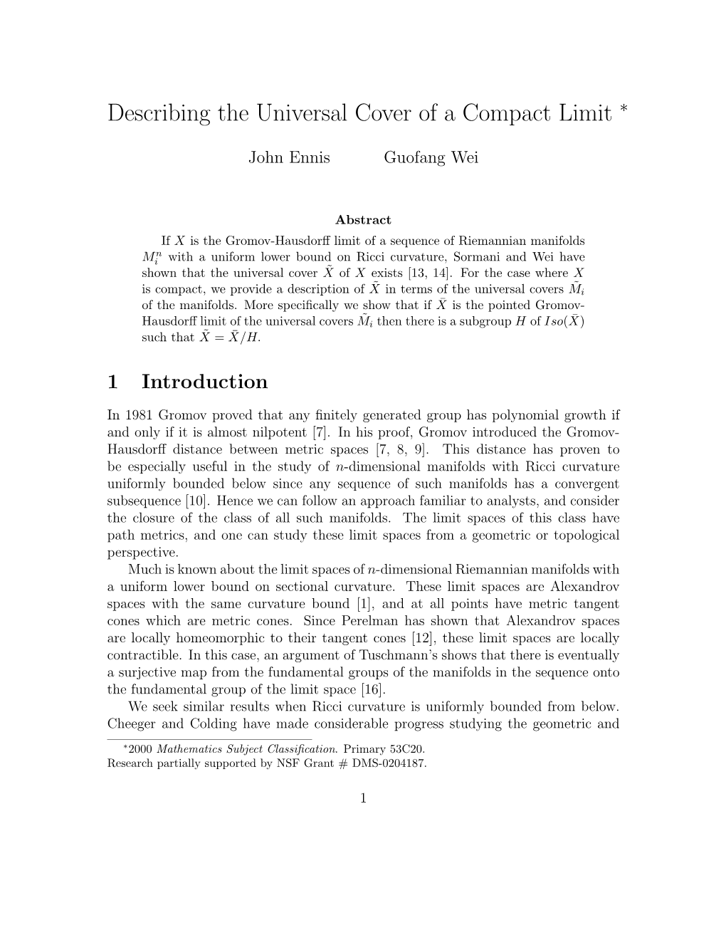 Describing the Universal Cover of a Compact Limit ∗