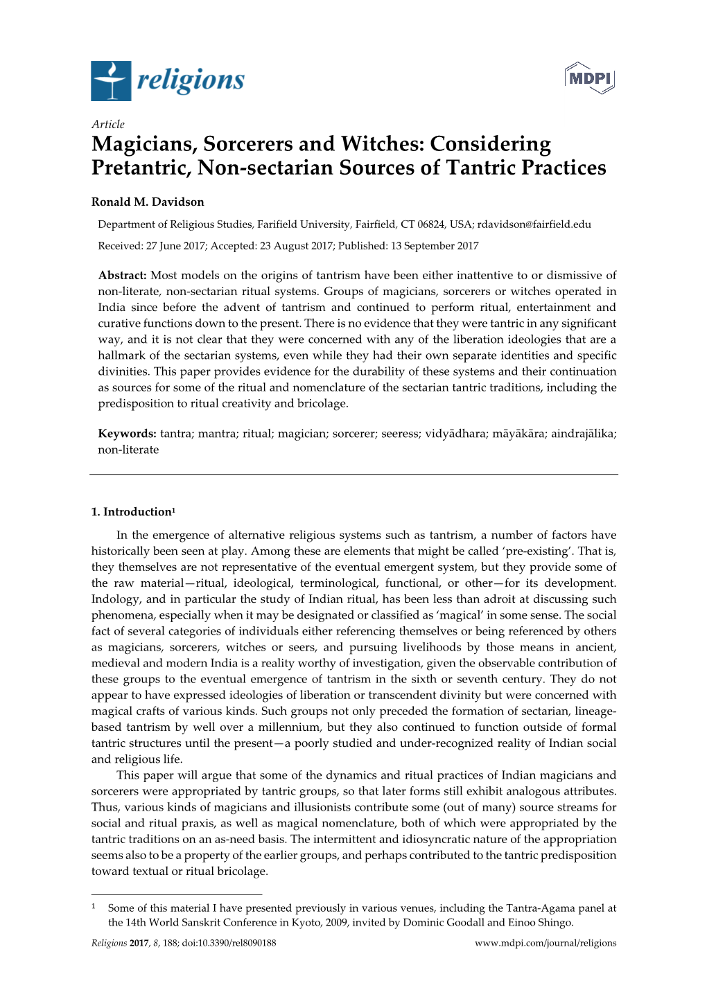 Magicians, Sorcerers and Witches: Considering Pretantric, Non-Sectarian Sources of Tantric Practices