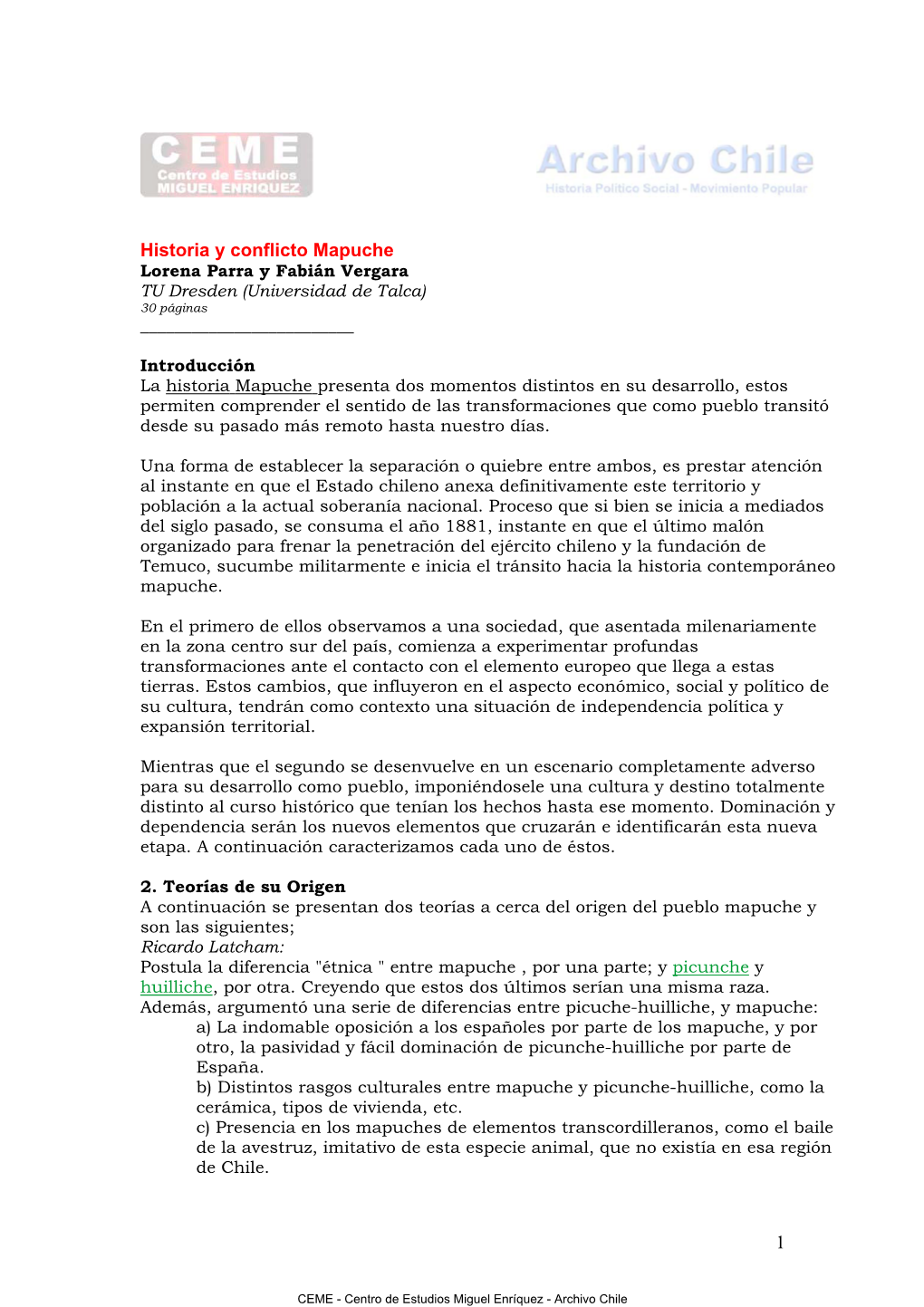 Historia Y Conflicto Mapuche. Lorena Parra Y Fabián Vergara. 0,8 MB