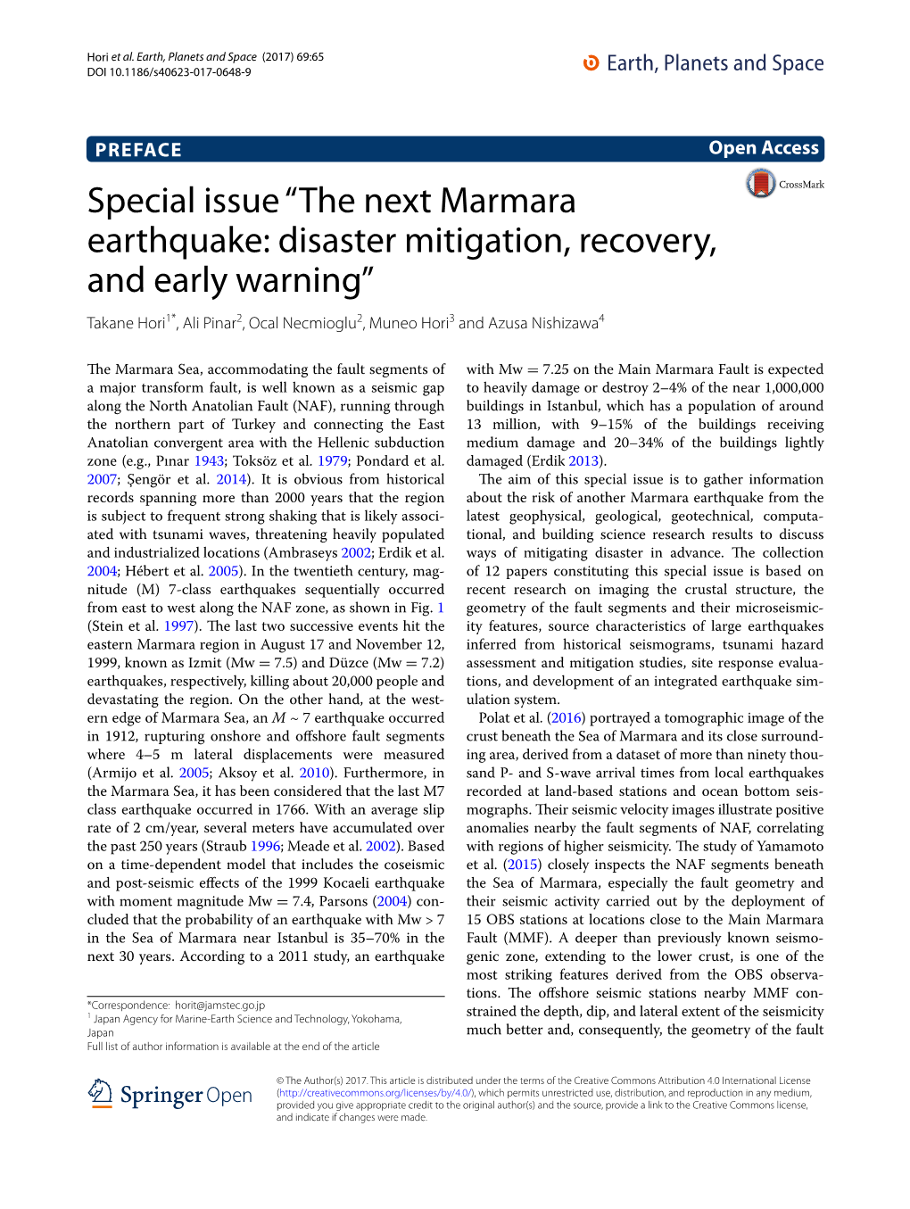 Special Issue “The Next Marmara Earthquake: Disaster Mitigation