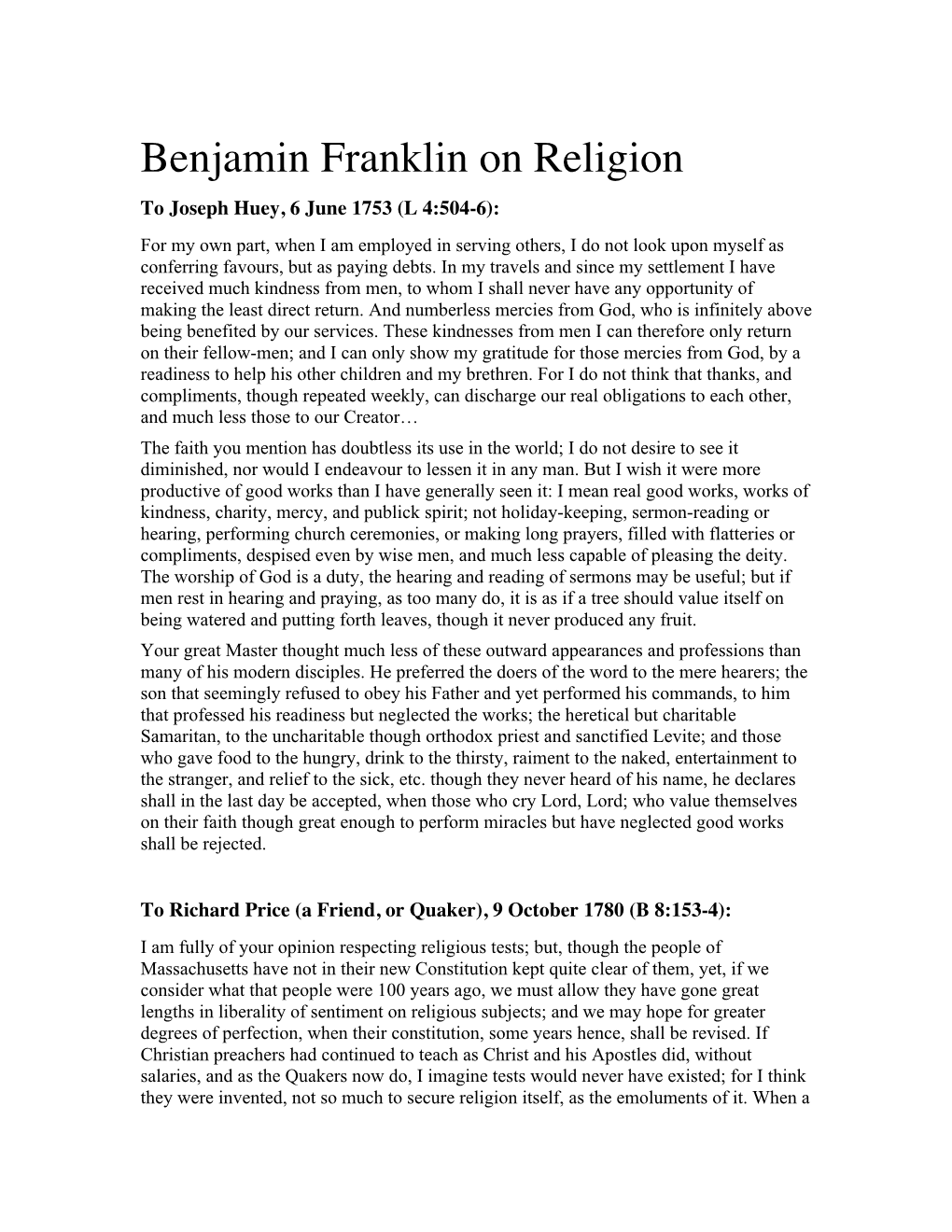 Benjamin Franklin on Religion