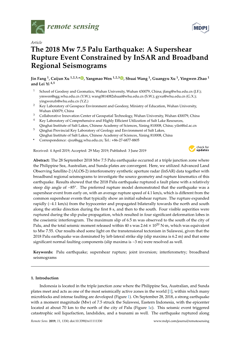 The 2018 Mw 7.5 Palu Earthquake: a Supershear Rupture Event Constrained by Insar and Broadband Regional Seismograms