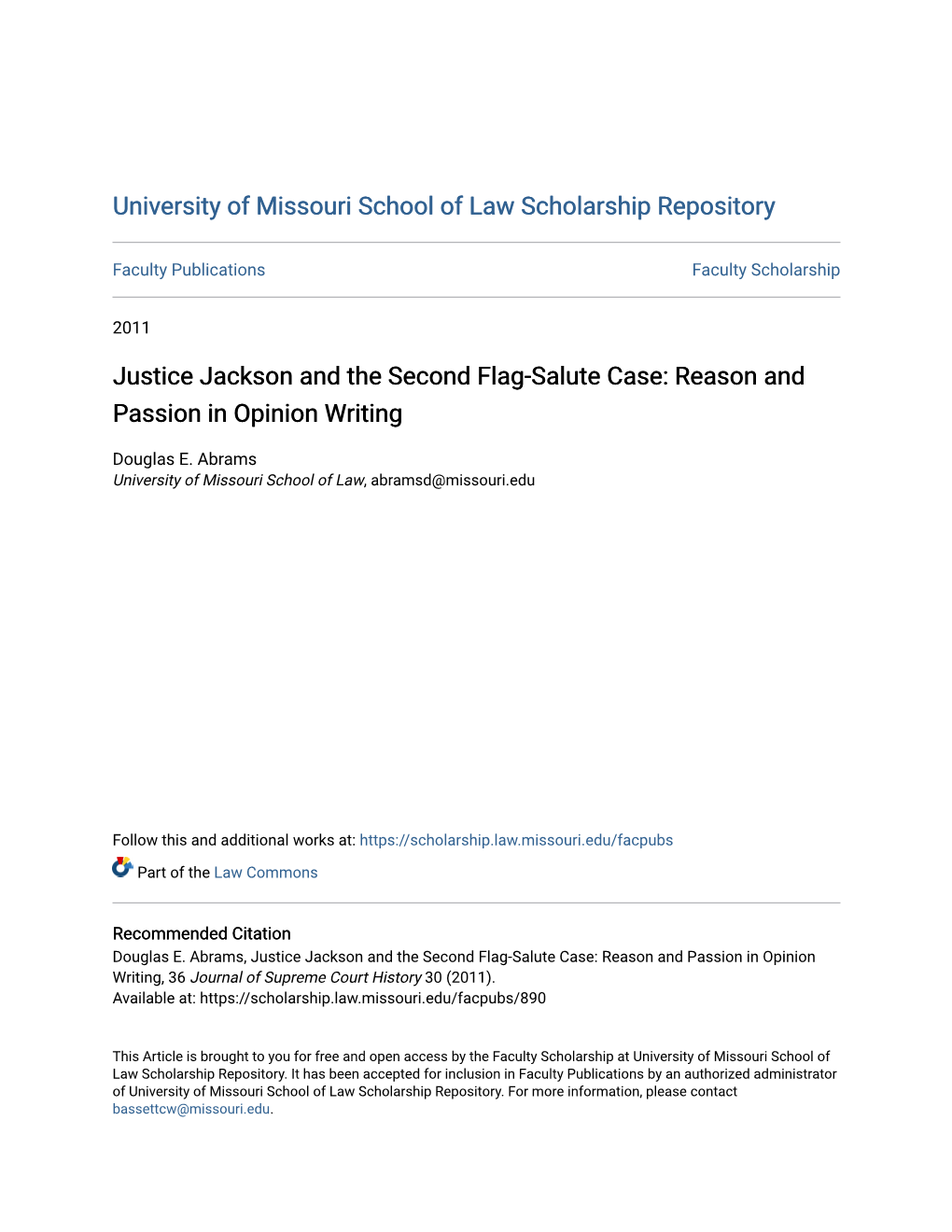 Justice Jackson and the Second Flag-Salute Case: Reason and Passion in Opinion Writing