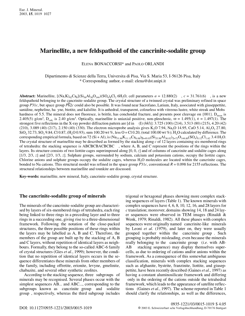 Marinellite, a New Feldspathoid of the Cancrinite-Sodalite Group