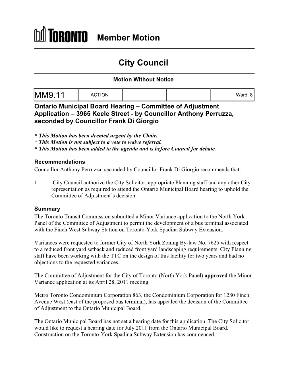Member Motion City Council MM9.11
