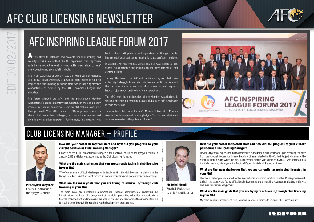 AFC CLUB LICENSING NEWSLETTER AFC Inspiring League Forum 2017