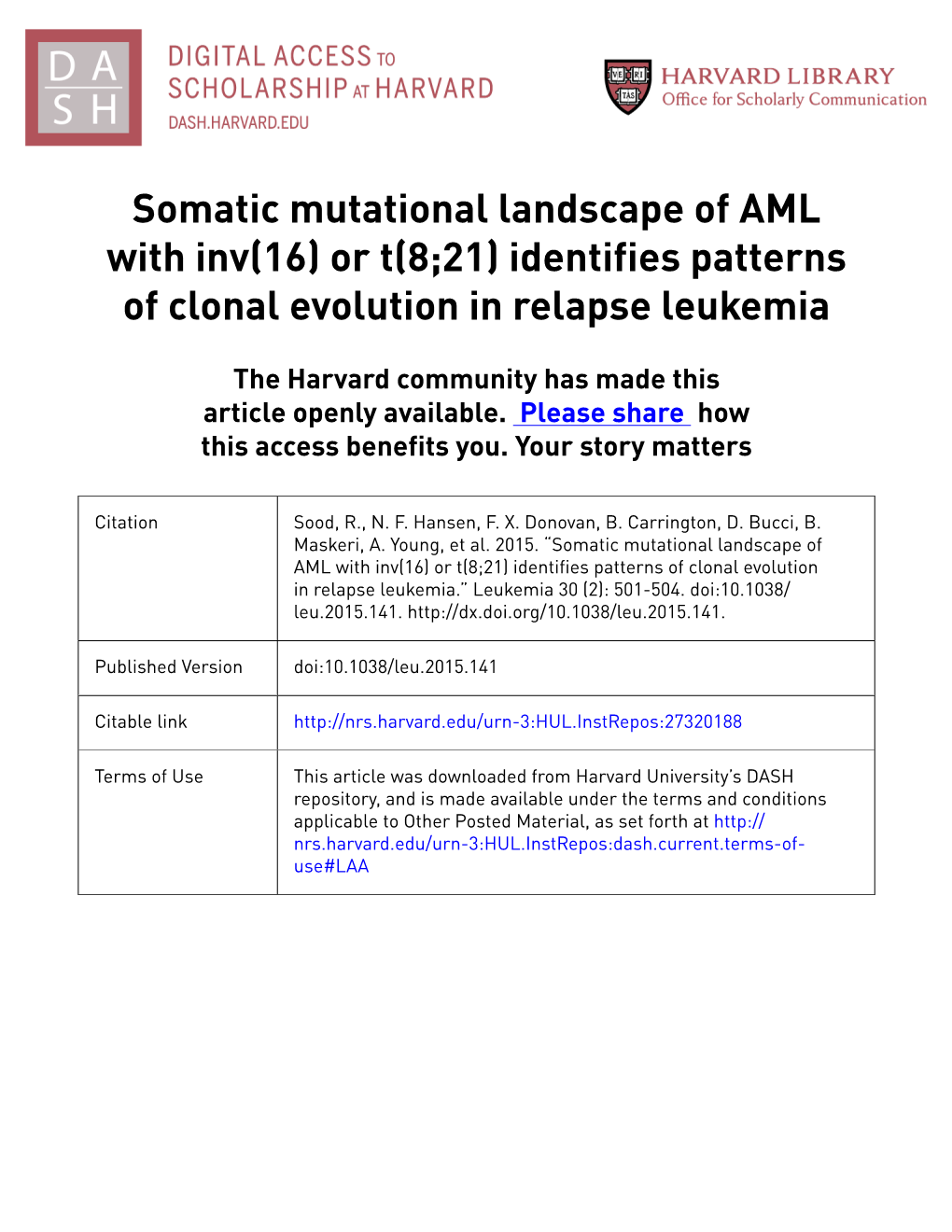 Somatic Mutational Landscape of AML with Inv(16) Or T(8;21) Identifies Patterns of Clonal Evolution in Relapse Leukemia