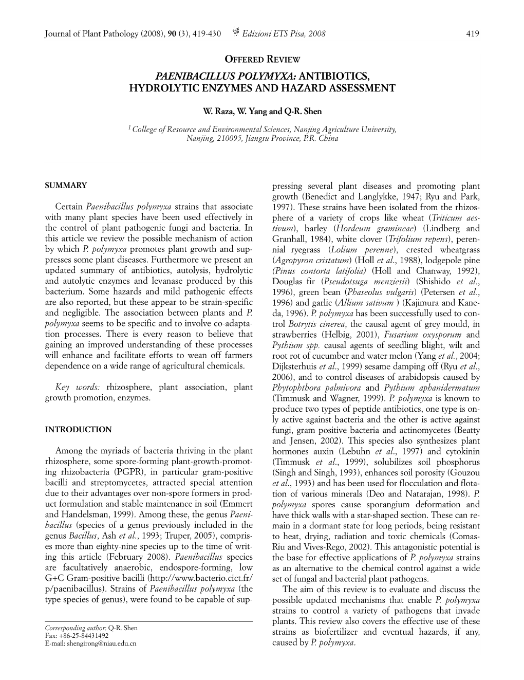 Paenibacillus Polymyxa: Antibiotics, Hydrolytic Enzymes and Hazard Assessment