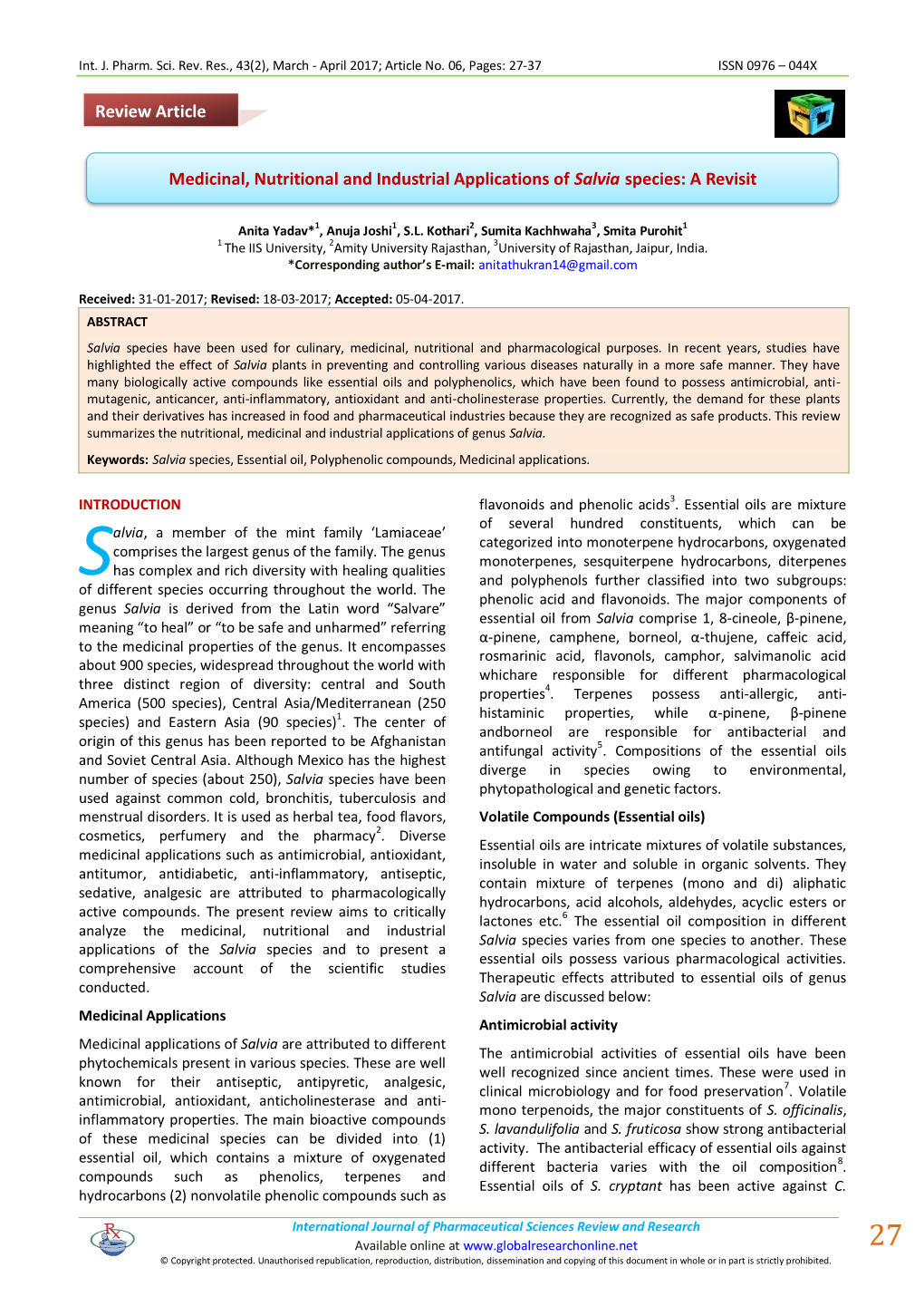 Medicinal, Nutritional and Industrial Applications of Salvia Species: a Revisit