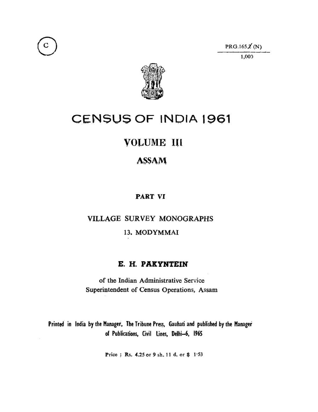 Village Survey Monographs, 13 Modymmai , Part VI, Vol-III, Assam