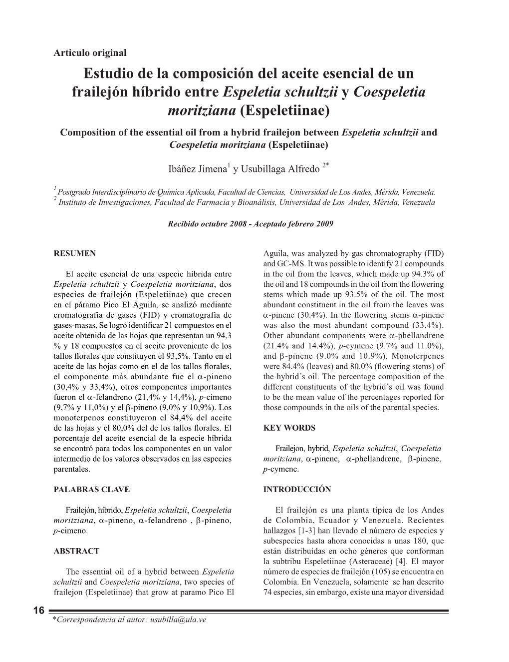 Estudio De La Composición Del Aceite Esencial De Un Frailejón Híbrido