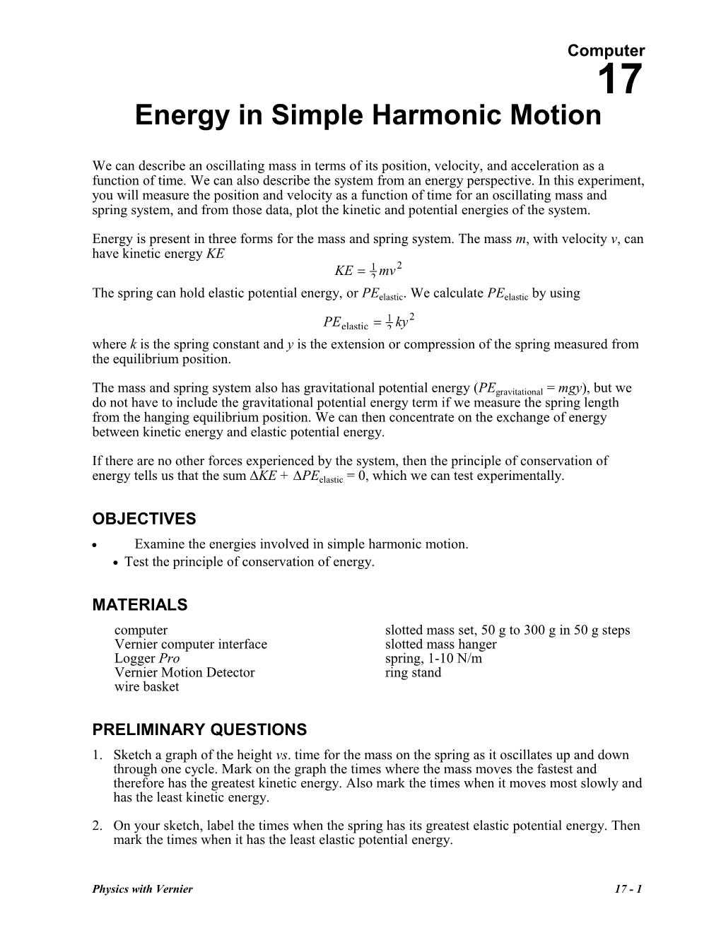 Energy in Simple Harmonic Motion