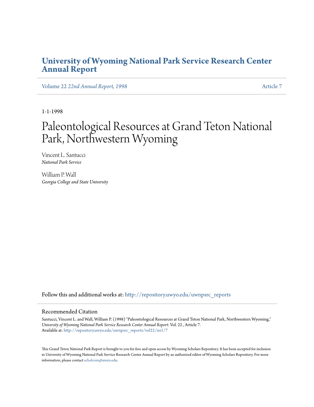 Paleontological Resources at Grand Teton National Park, Northwestern Wyoming Vincent L