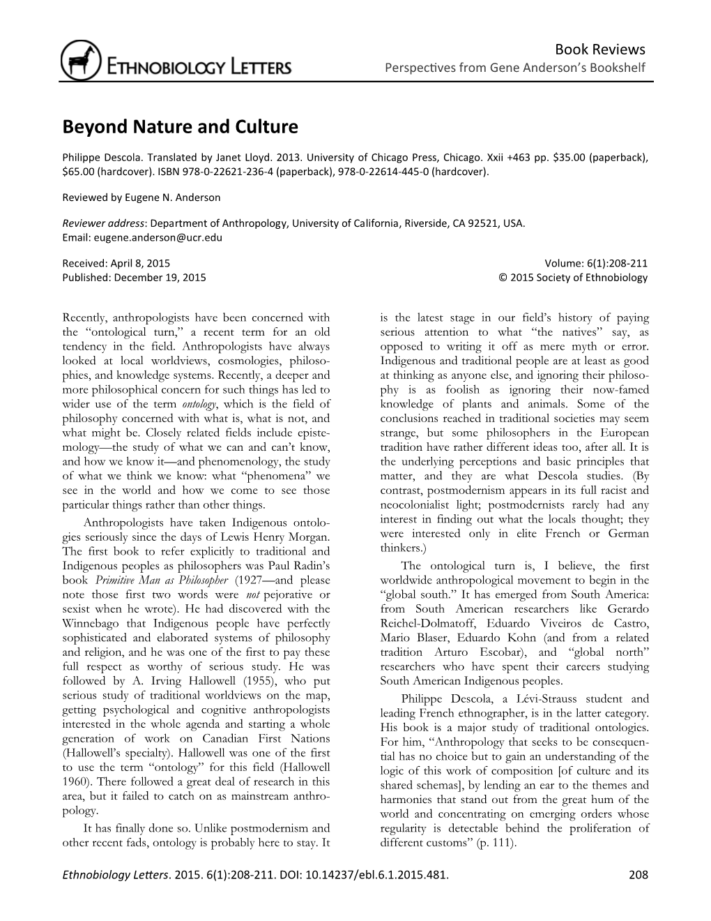 Beyond Nature and Culture