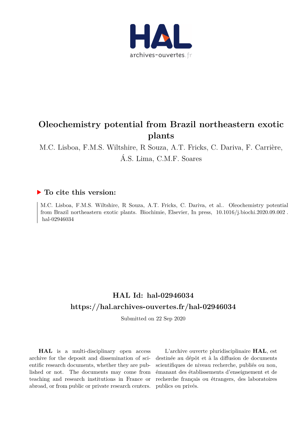 Oleochemistry Potential from Brazil Northeastern Exotic Plants M.C