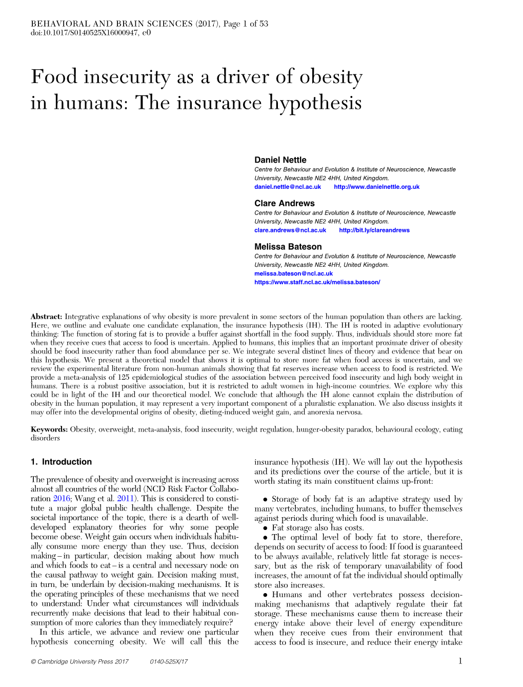 Food Insecurity As a Driver of Obesity in Humans: the Insurance Hypothesis