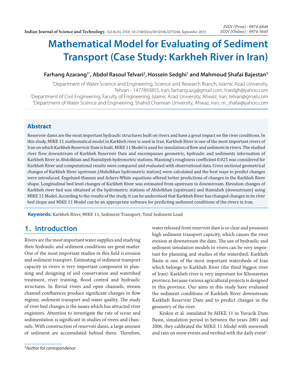 Mathematical Model for Evaluating of Sediment Transport (Case Study: Karkheh River in Iran)